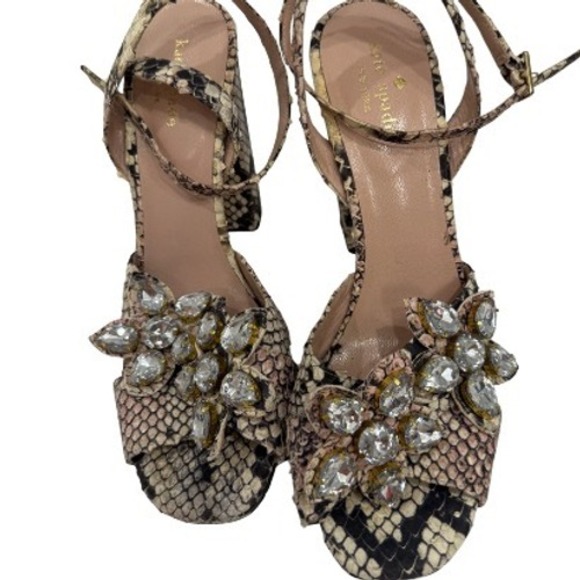 Kate Spade Rhinestone Sandal Heels 9.5 Snakeskin Leather Ankle Strap Statement - Picture 2 of 12